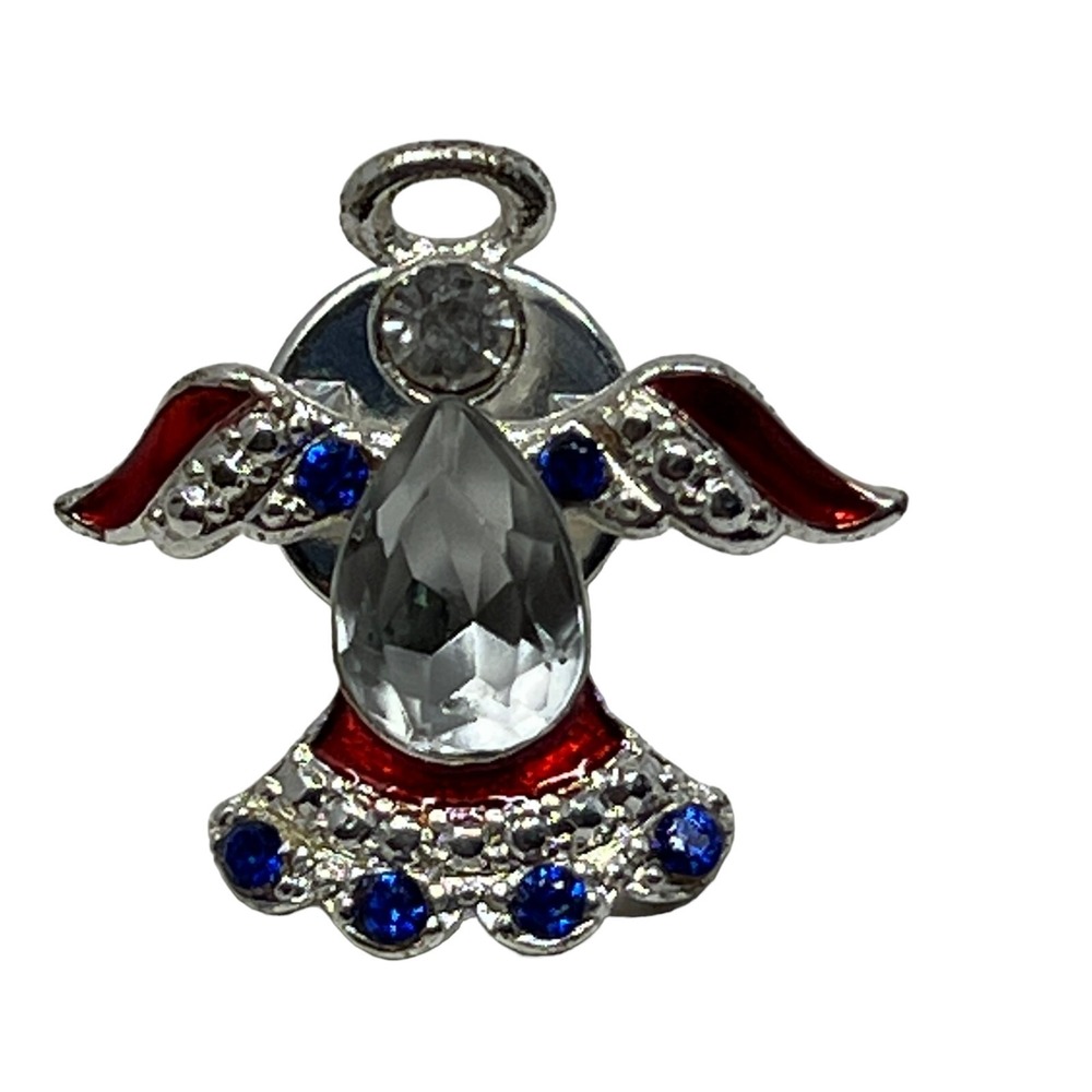 Vintage Angel Brooch Silver Tone with Red White Blue Crystal Pin